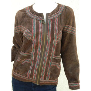 Vintage CACHAREL Jacket Size Medium Brown Suede Embroidered Boho Chic Festival‎